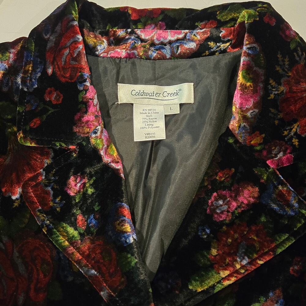 Coldwater Creek Black Floral Print Velvet Button Front Blazer Jacket, Size Large - Picture 7 of 9